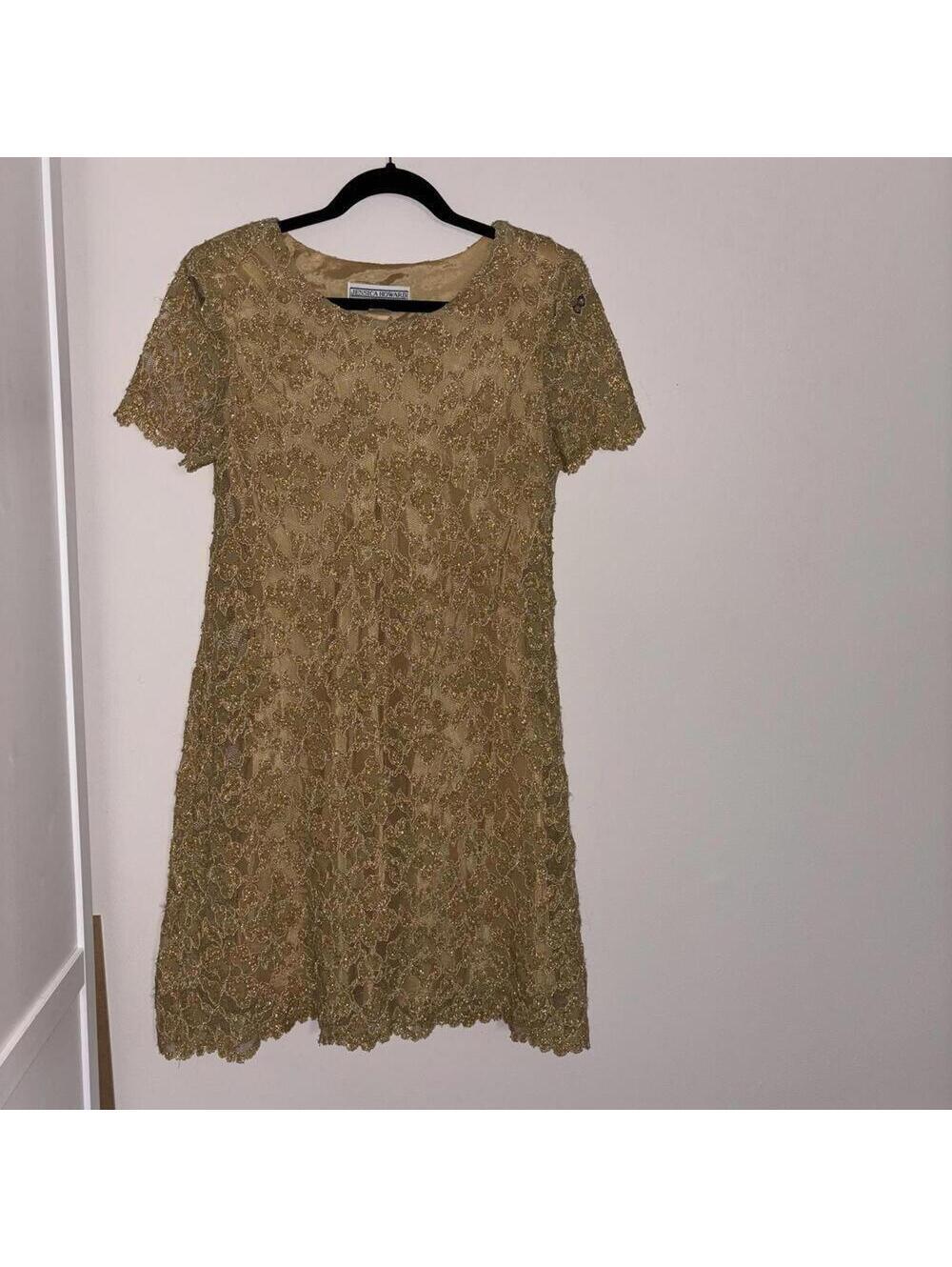 Vintage Jessica Howard Gold Metallic Short Sleeve Midi Formal Cocktail Dress